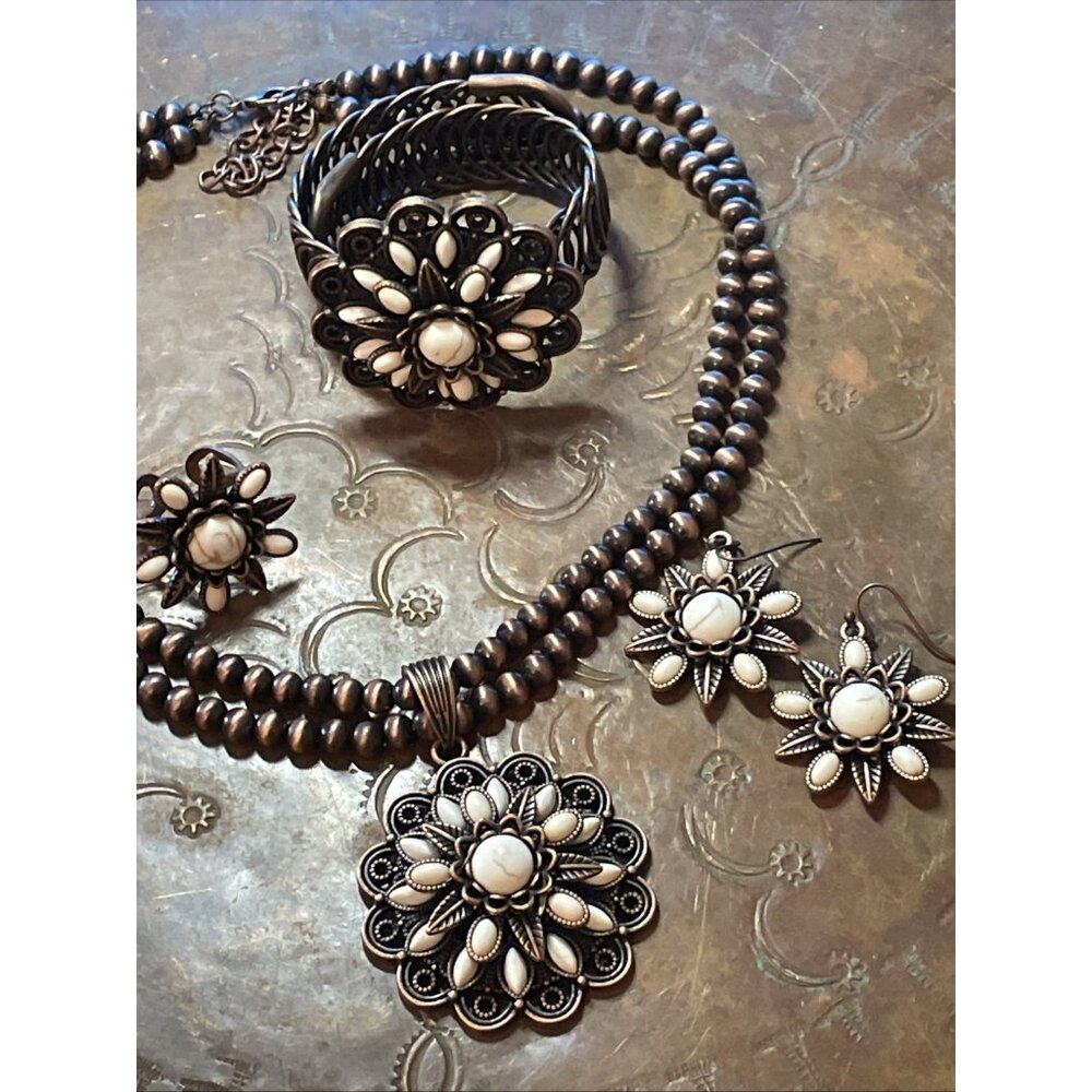 Rose Western Star Copper White Fall Necklace Earring Bracelet Ring SET Southwest - Picture 7 of 16